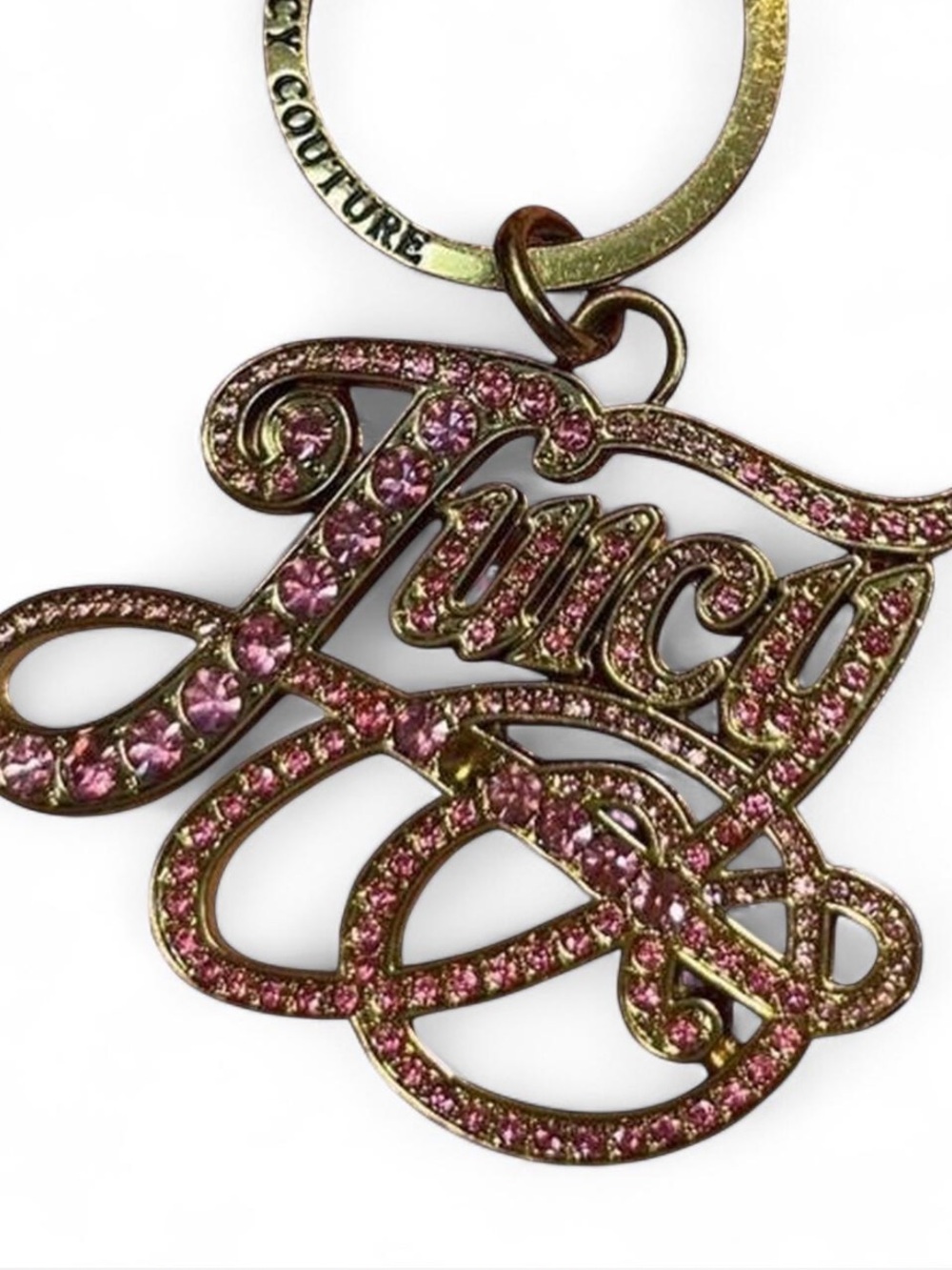 Juicy Couture Y2K Pink Rhinestone Script Logo Keychain